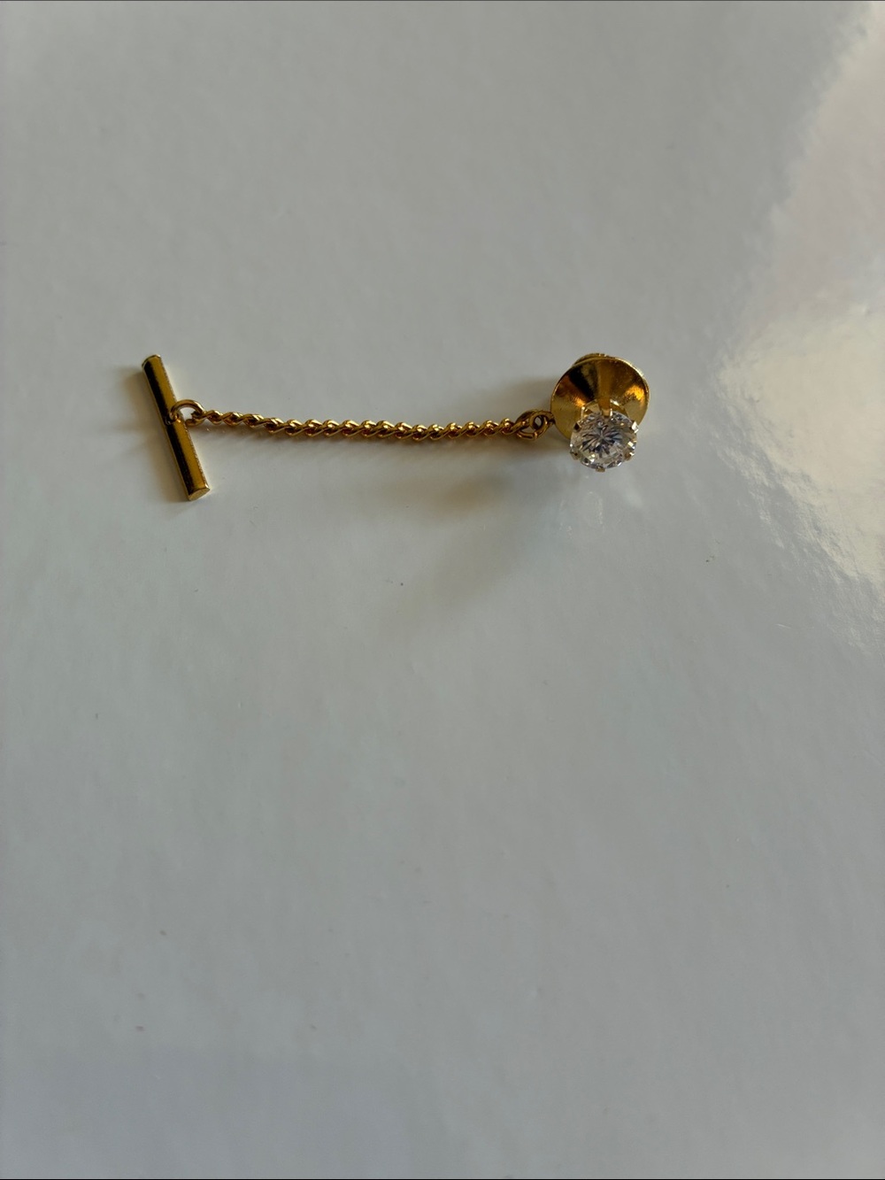 Gold Chain Tie Pin with Clear Stone Accent